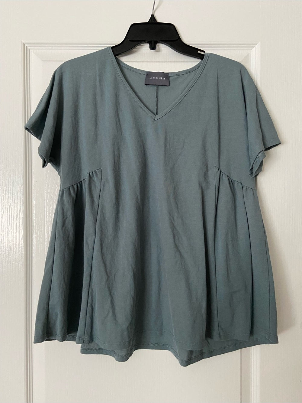 Gathered V-Neck Babydoll Blouse in Dusty Teal